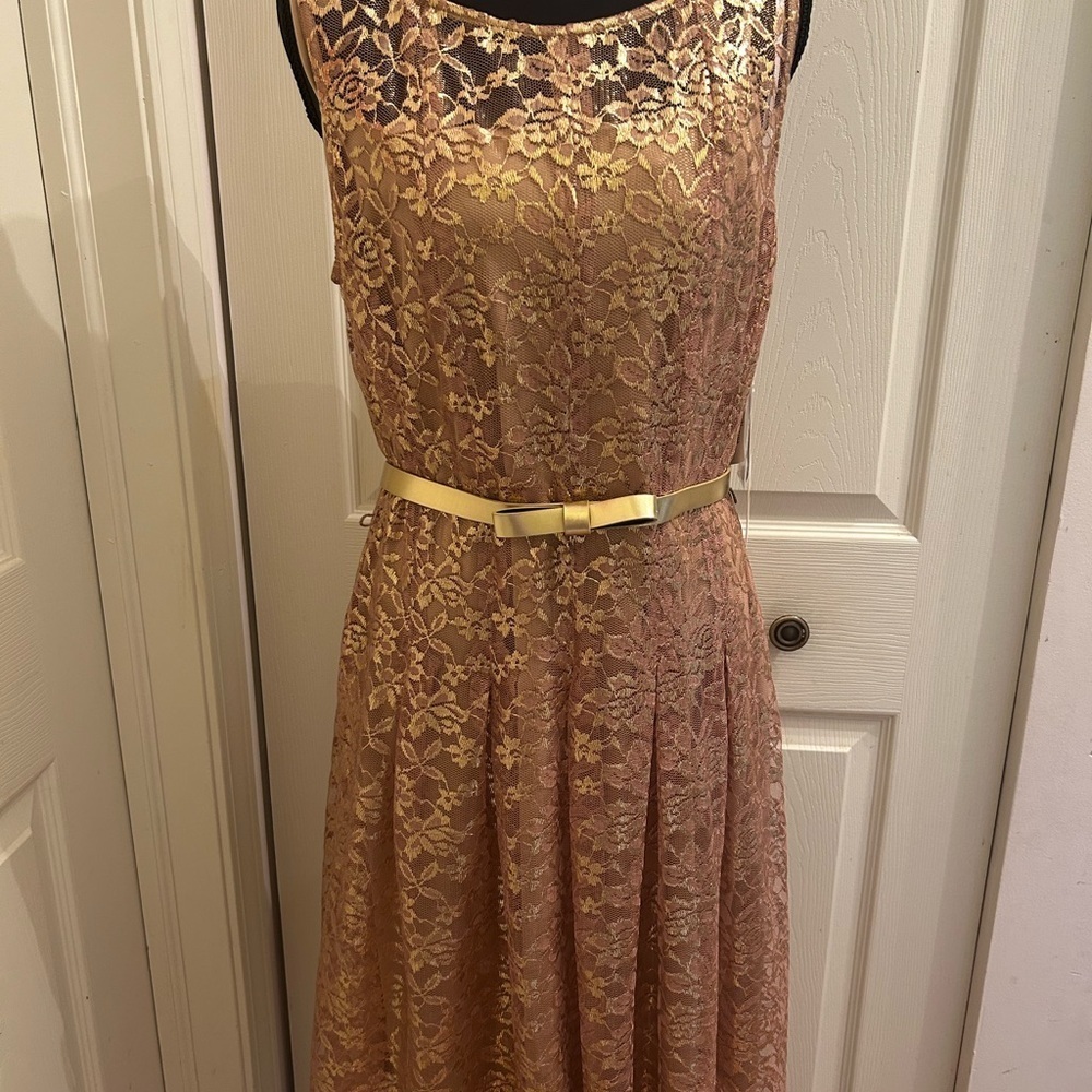 Chetta B Elegant Gold Lace Sleeveless Dress with Belt, Size 14 - Picture 2 of 9